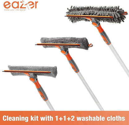 Eazer 62" Extendable Window Cleaning Kit – Rotate-Lock Squeegee, Dual Blades & 4 Microfiber Cloths