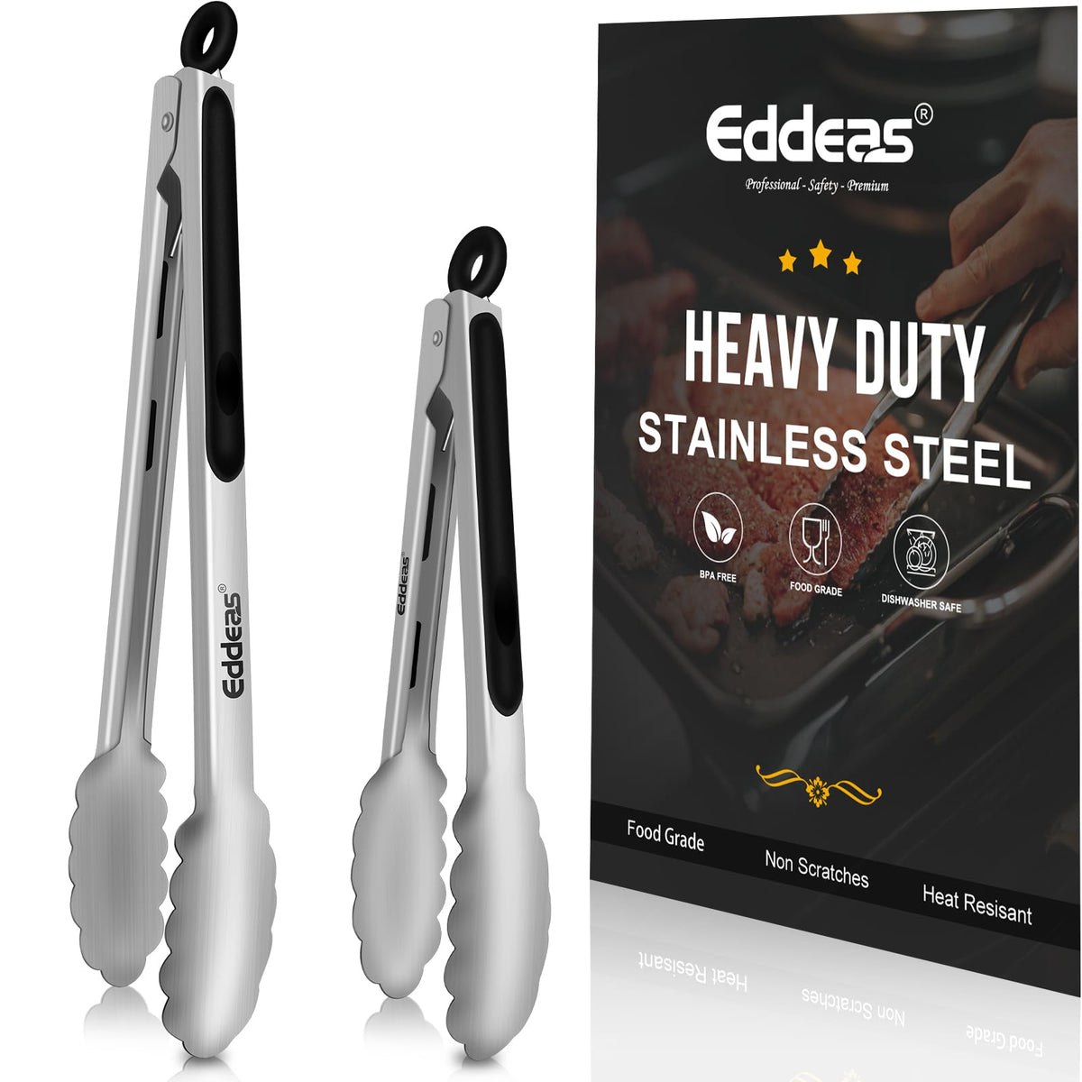 EDDEAS Stainless Steel Kitchen Tongs Set – Heat Resistant to 600°F, Locking, Set of 3 (7", 9", 12")