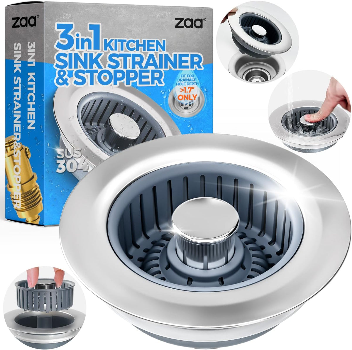 3-in-1 Kitchen Sink Drain Strainer & Stopper – Catches Food Scraps, Fits Standard Drains