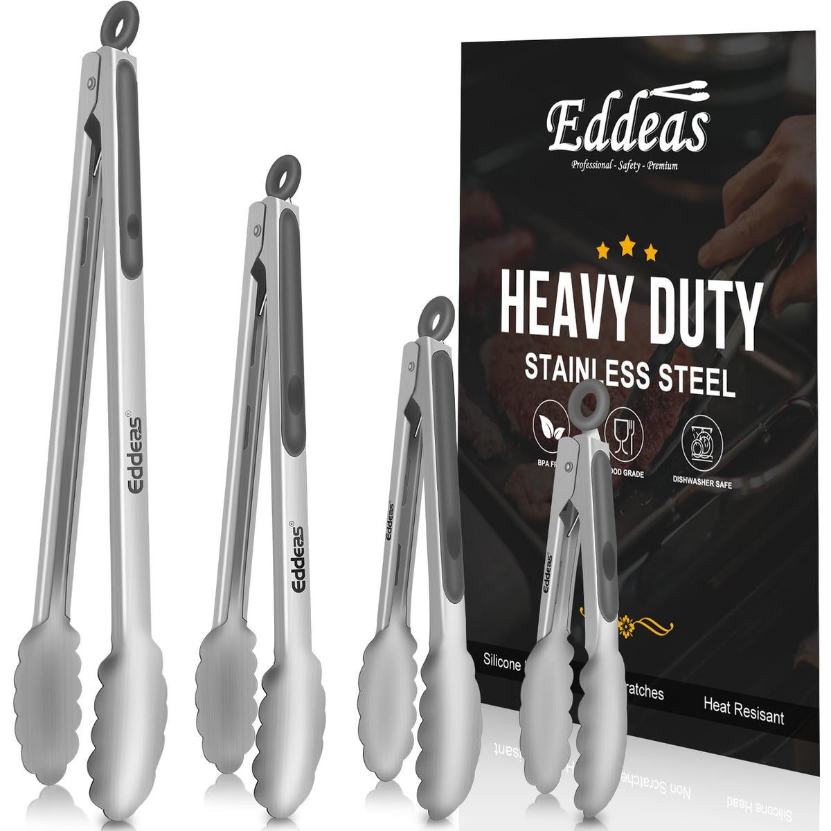 EDDEAS Stainless Steel Kitchen Tongs Set – Heat Resistant to 600°F, Locking, Set of 3 (7", 9", 12")