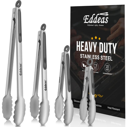 EDDEAS Stainless Steel Kitchen Tongs Set – Heat Resistant to 600°F, Locking, Set of 3 (7", 9", 12")