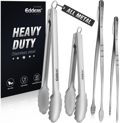 EDDEAS Stainless Steel Kitchen Tongs Set – Heat Resistant to 600°F, Locking, Set of 3 (7", 9", 12")