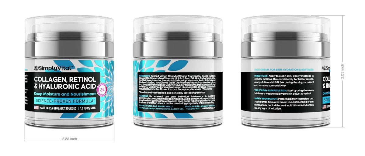SimplyVital Anti-Aging Retinol Face Moisturizer – With Hyaluronic Acid & Collagen, 1.7 fl oz