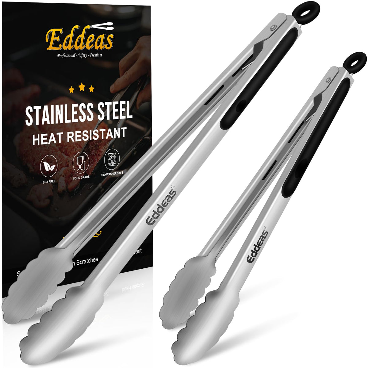 EDDEAS Stainless Steel Kitchen Tongs Set – Heat Resistant to 600°F, Locking, Set of 3 (7", 9", 12")