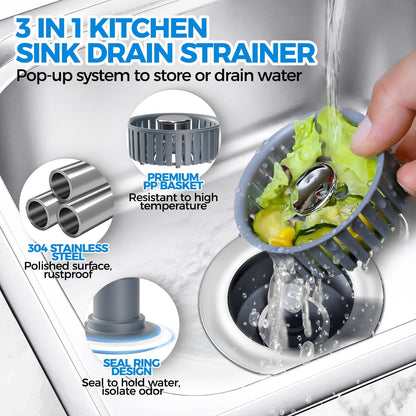 3-in-1 Kitchen Sink Drain Strainer & Stopper – Catches Food Scraps, Fits Standard Drains