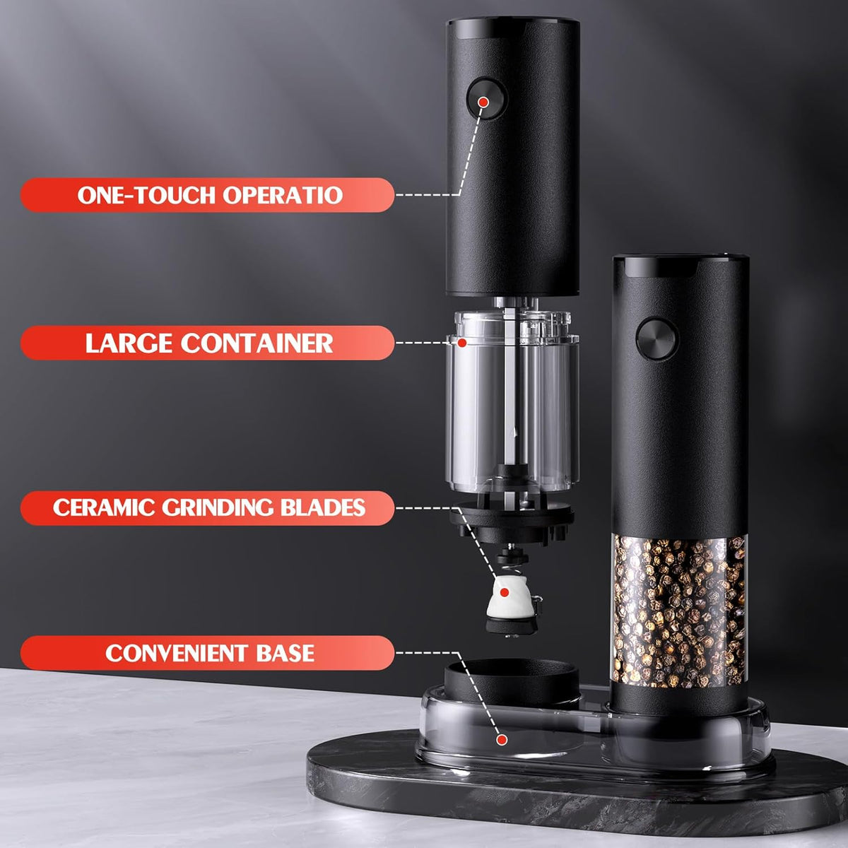 ioion Electric Salt & Pepper Grinder Set – 5 Grind Settings, LED Light, One-Hand Operation