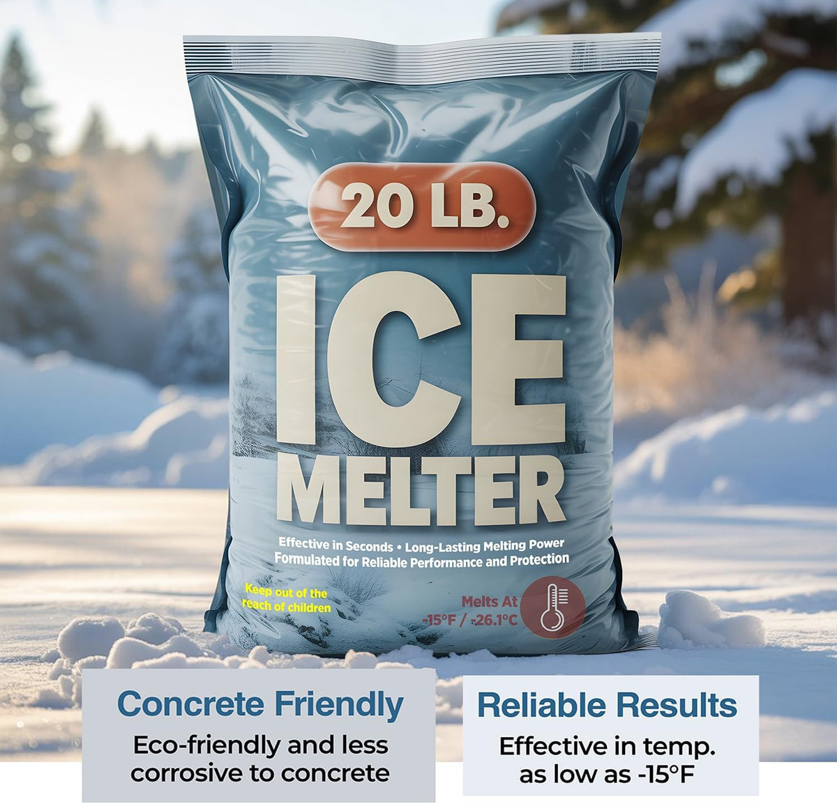Ice Melt Safer for Concrete – Solar Salt & Glycol Blend, Effective to -15°F, 20 lb Bag
