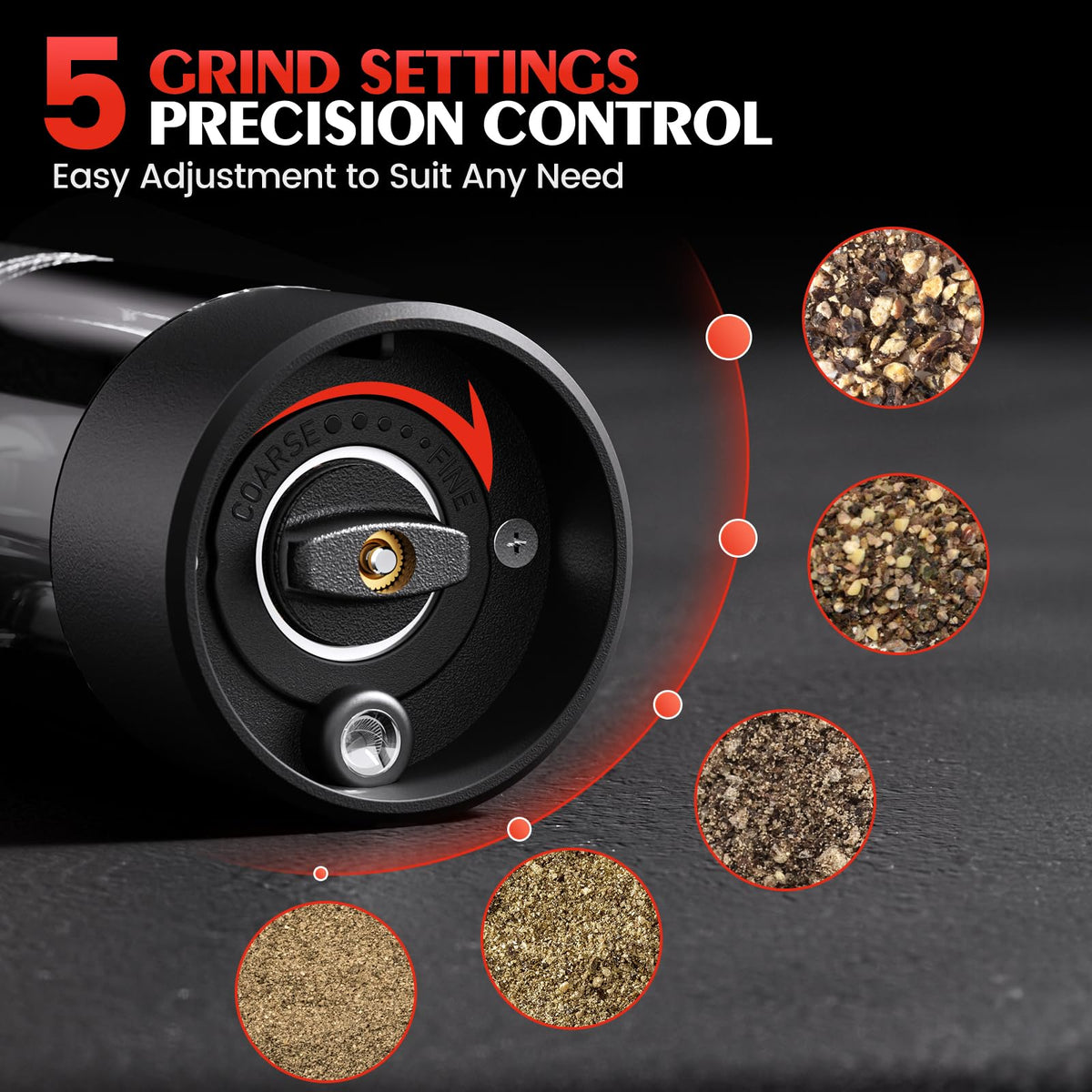 ioion Electric Salt & Pepper Grinder Set – 5 Grind Settings, LED Light, One-Hand Operation