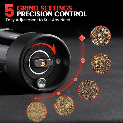 ioion Electric Salt & Pepper Grinder Set – 5 Grind Settings, LED Light, One-Hand Operation