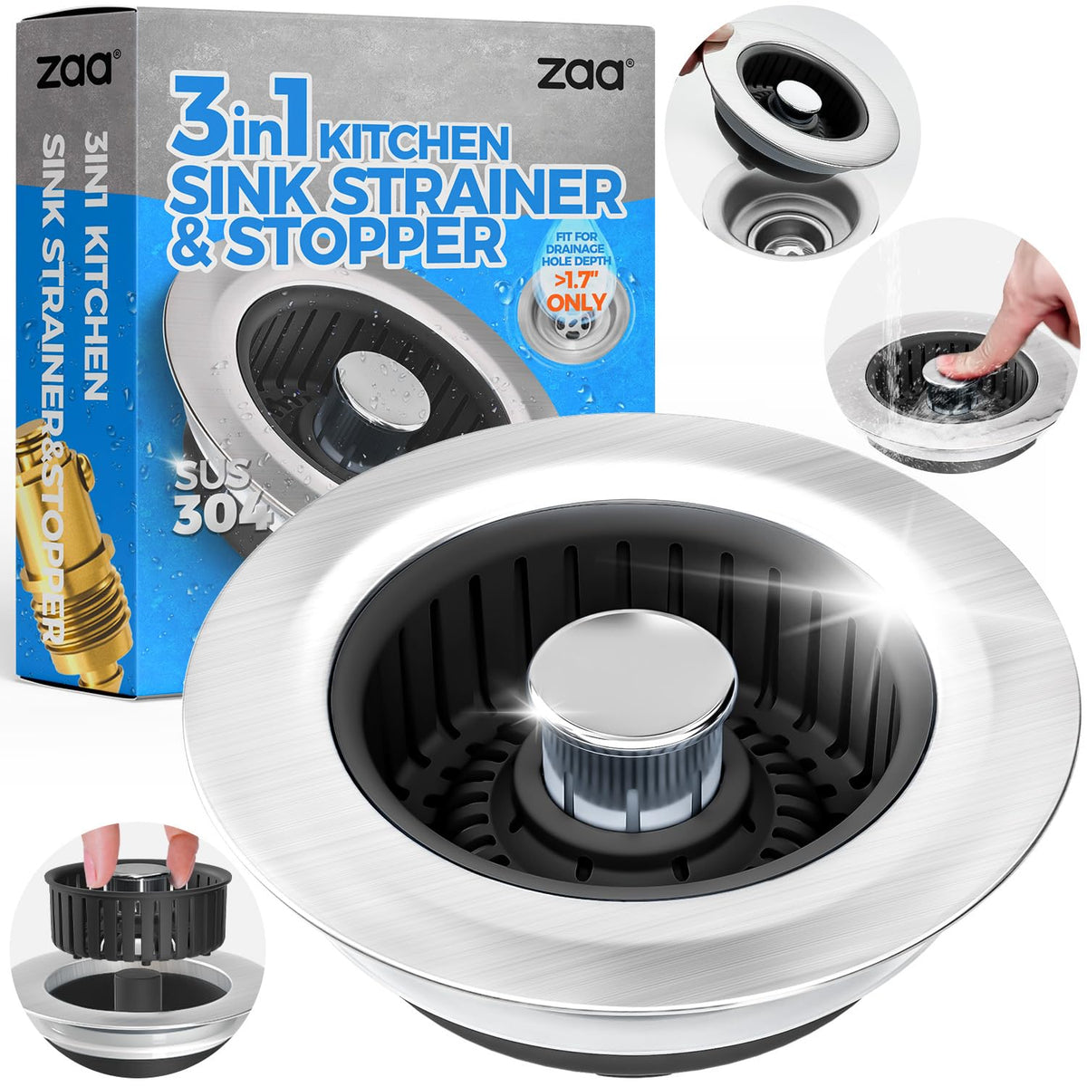 3-in-1 Kitchen Sink Drain Strainer & Stopper – Catches Food Scraps, Fits Standard Drains