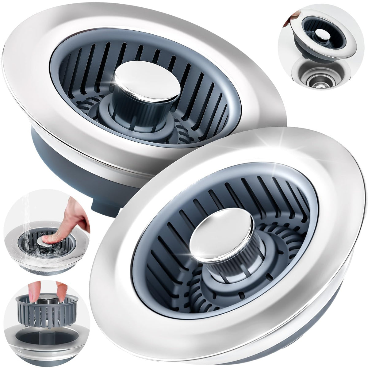 3-in-1 Kitchen Sink Drain Strainer & Stopper – Catches Food Scraps, Fits Standard Drains
