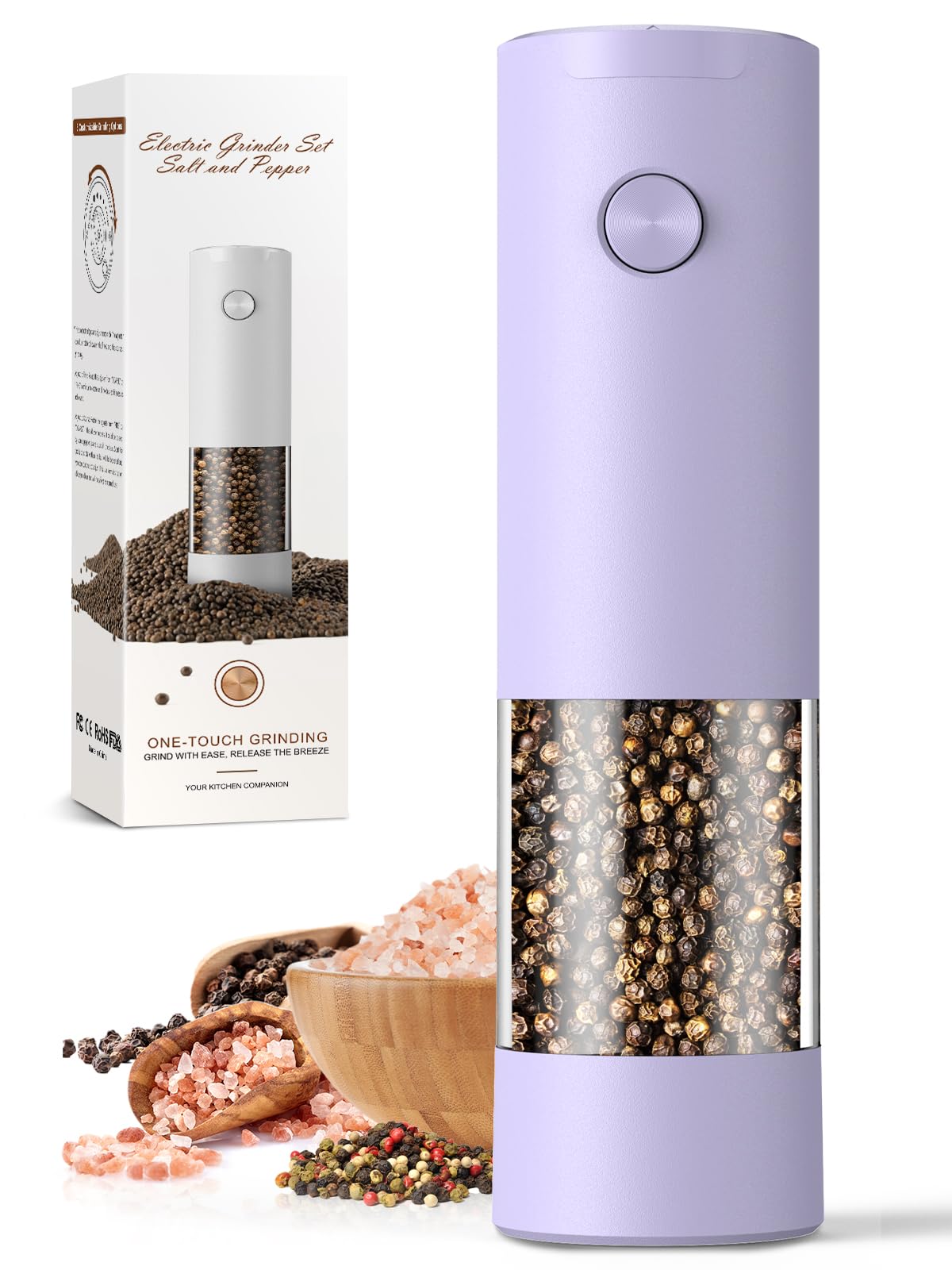 ioion Electric Salt & Pepper Grinder Set – 5 Grind Settings, LED Light, One-Hand Operation