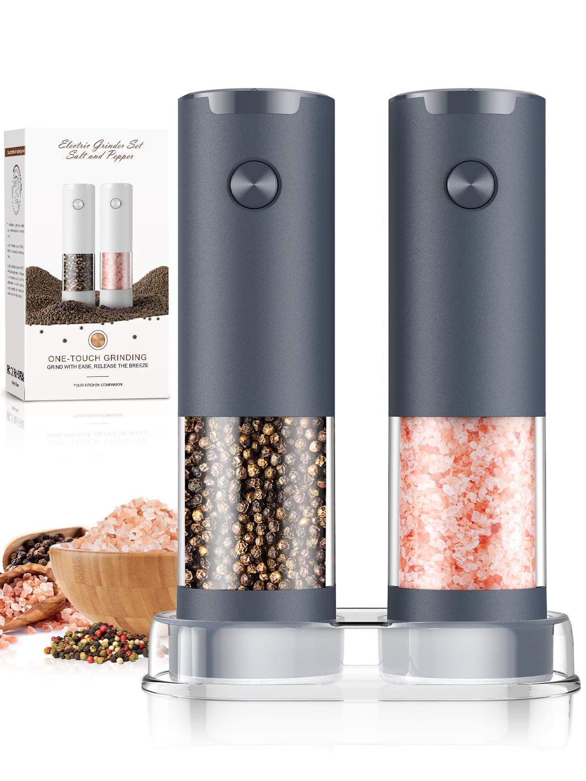 ioion Electric Salt & Pepper Grinder Set – 5 Grind Settings, LED Light, One-Hand Operation