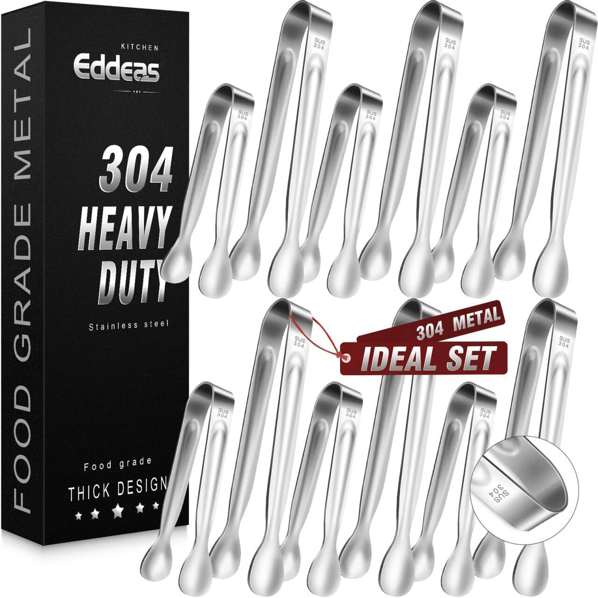 EDDEAS Stainless Steel Kitchen Tongs Set – Heat Resistant to 600°F, Locking, Set of 3 (7", 9", 12")