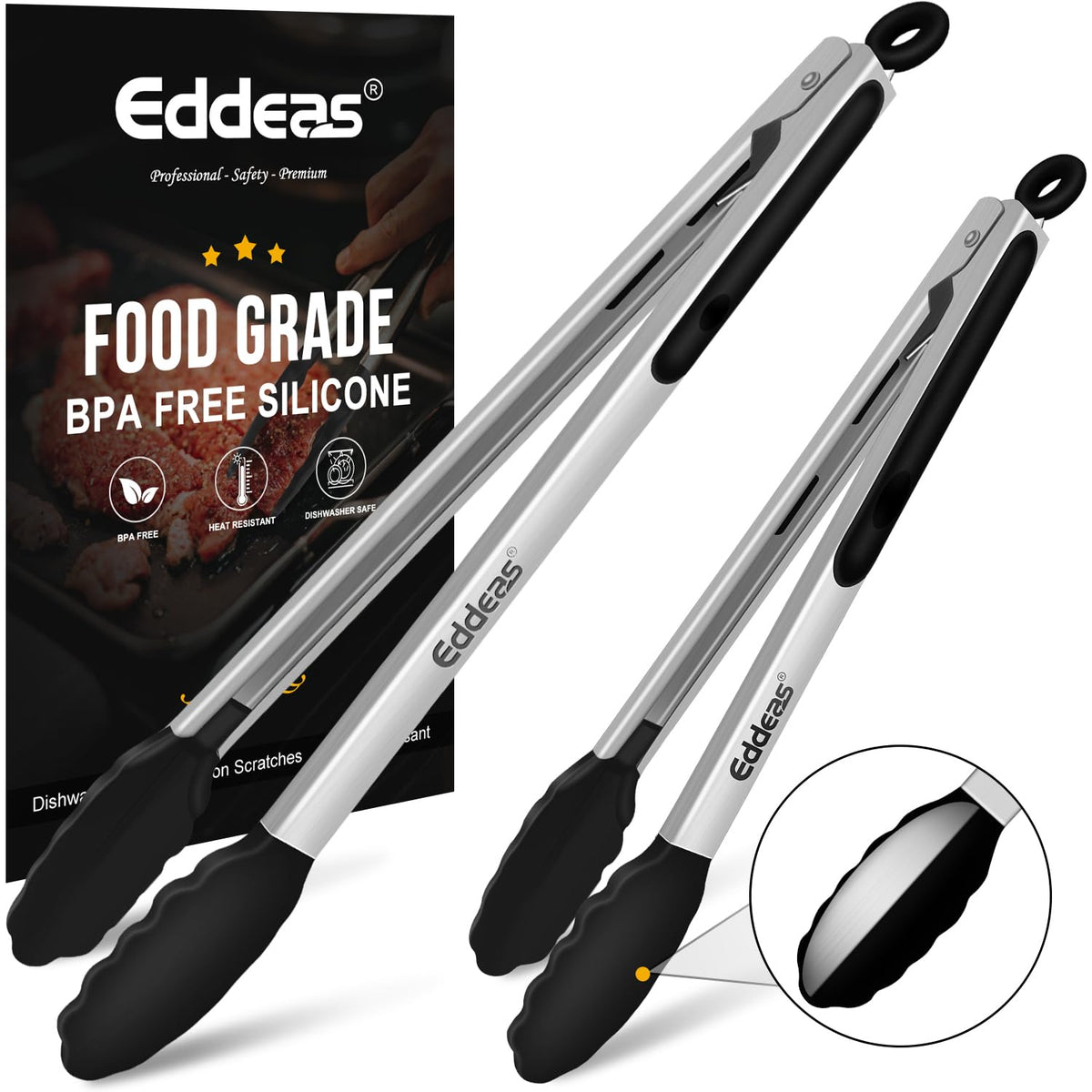 EDDEAS Stainless Steel Kitchen Tongs Set – Heat Resistant to 600°F, Locking, Set of 3 (7", 9", 12")
