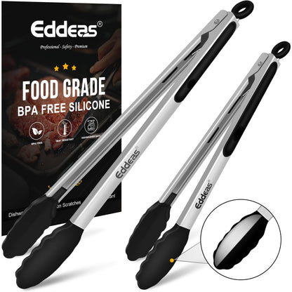 EDDEAS Stainless Steel Kitchen Tongs Set – Heat Resistant to 600°F, Locking, Set of 3 (7", 9", 12")