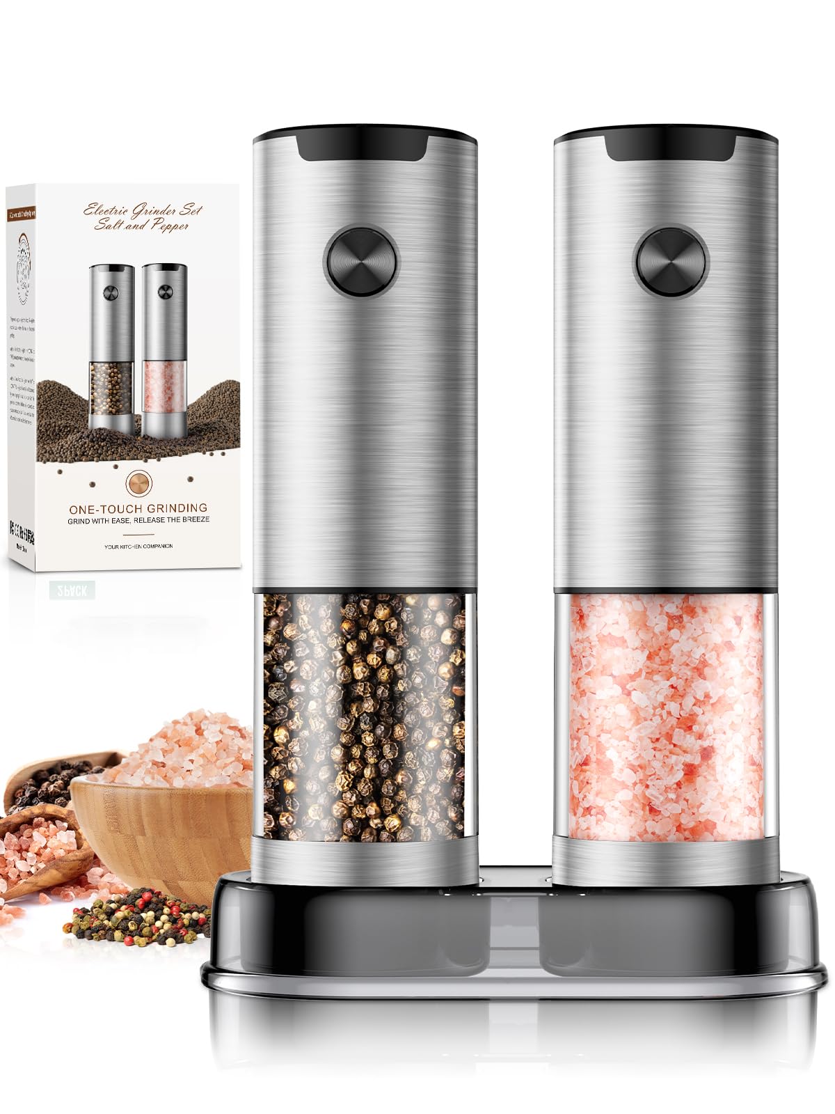 ioion Electric Salt & Pepper Grinder Set – 5 Grind Settings, LED Light, One-Hand Operation