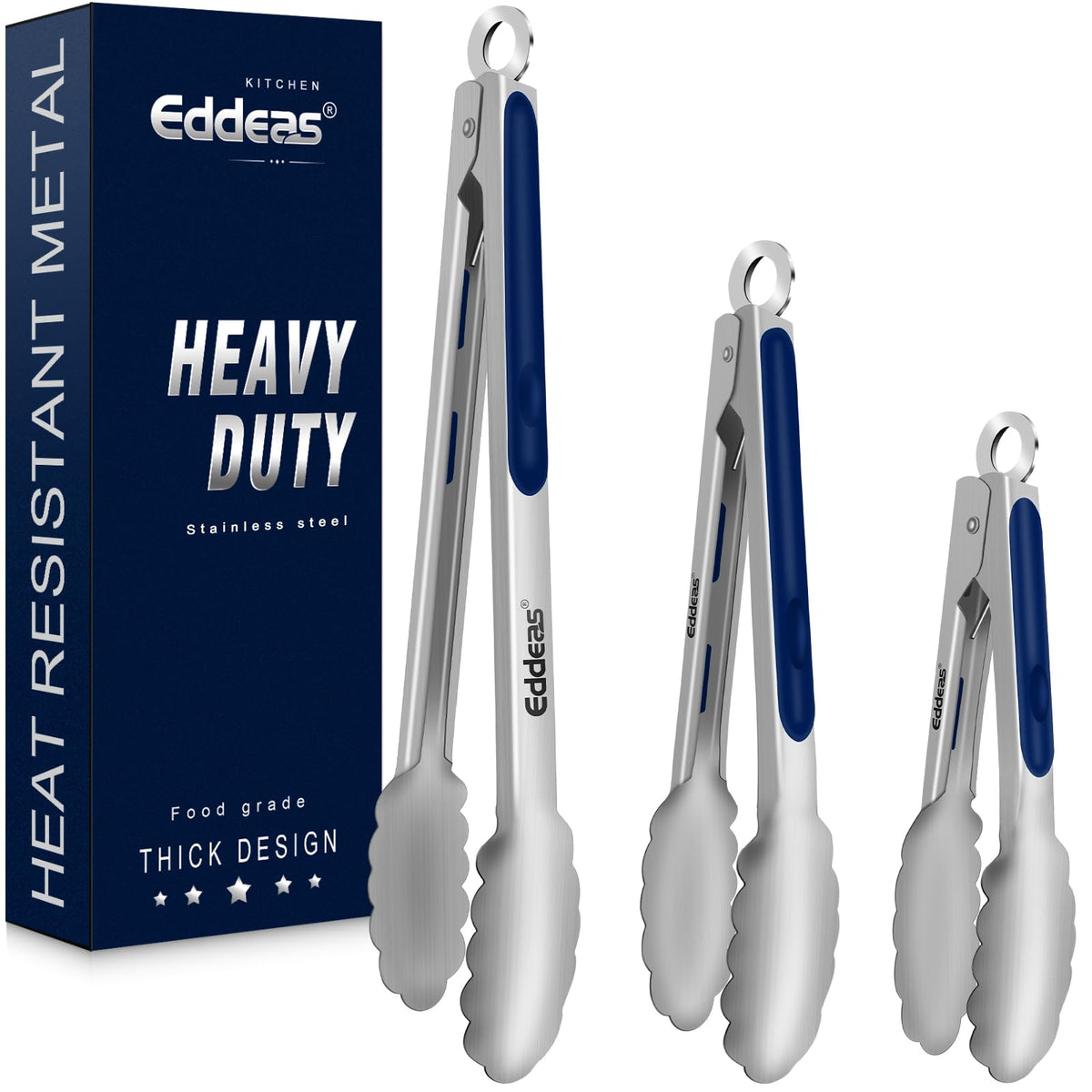 EDDEAS Stainless Steel Kitchen Tongs Set – Heat Resistant to 600°F, Locking, Set of 3 (7", 9", 12")