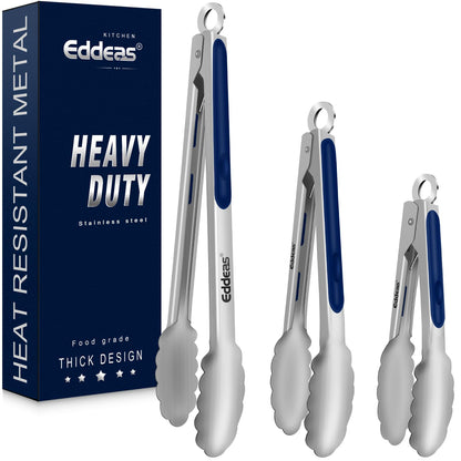 EDDEAS Stainless Steel Kitchen Tongs Set – Heat Resistant to 600°F, Locking, Set of 3 (7", 9", 12")