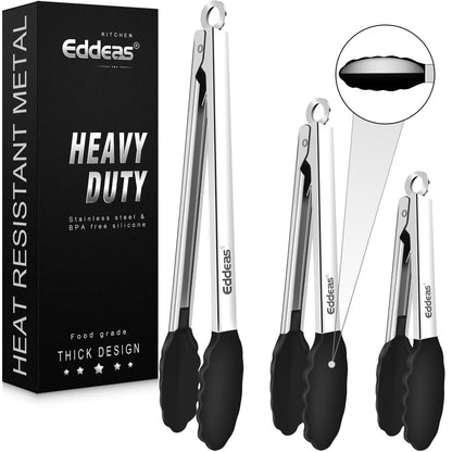 EDDEAS Stainless Steel Kitchen Tongs Set – Heat Resistant to 600°F, Locking, Set of 3 (7", 9", 12")