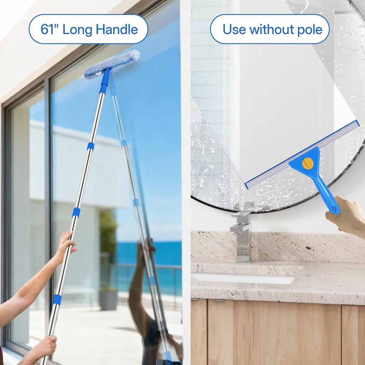 Window Cleaning Kit with 3-Gallon Bucket – 14" Squeegee, 15" Scrubber, 61" Extension Handle & Microfiber Cloth