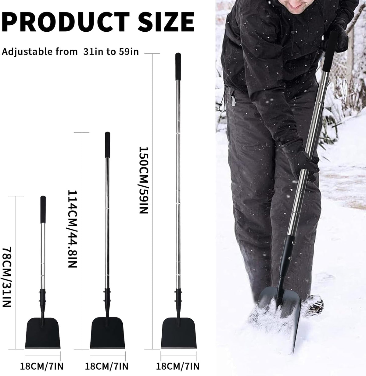 Flat Shovel with Adjustable Stainless Steel Handle – Carbon Steel Blade, Snow, Weeding & Earthwork