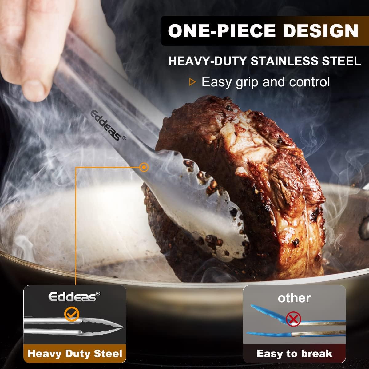 EDDEAS Stainless Steel Kitchen Tongs Set – Heat Resistant to 600°F, Locking, Set of 3 (7", 9", 12")