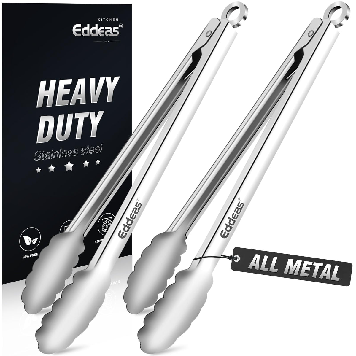 EDDEAS Stainless Steel Kitchen Tongs Set – Heat Resistant to 600°F, Locking, Set of 3 (7", 9", 12")