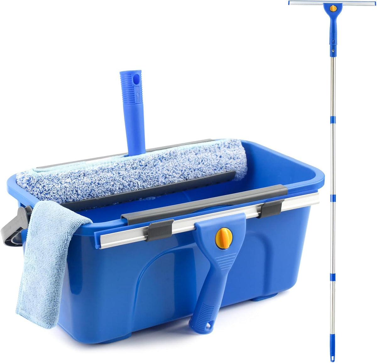 Window Cleaning Kit with 3-Gallon Bucket – 14" Squeegee, 15" Scrubber, 61" Extension Handle & Microfiber Cloth