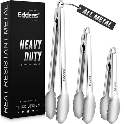 EDDEAS Stainless Steel Kitchen Tongs Set – Heat Resistant to 600°F, Locking, Set of 3 (7", 9", 12")