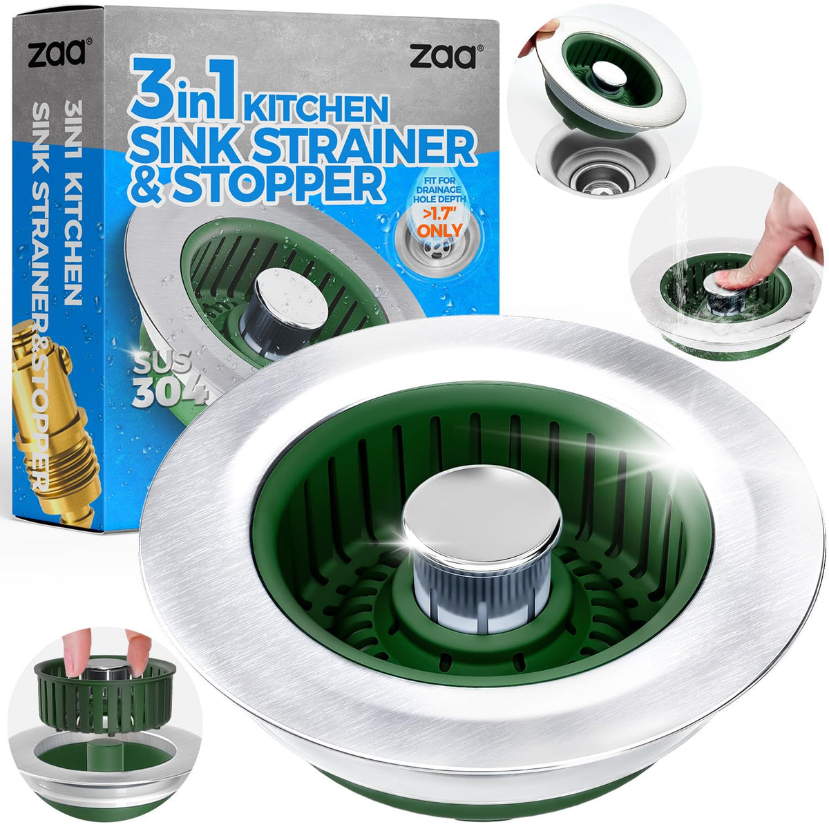 3-in-1 Kitchen Sink Drain Strainer & Stopper – Catches Food Scraps, Fits Standard Drains
