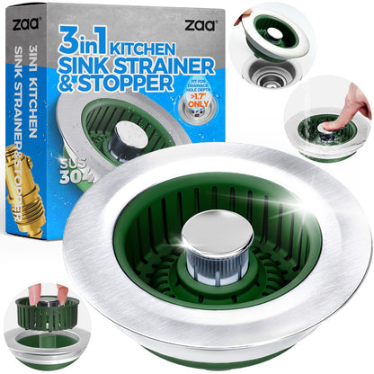3-in-1 Kitchen Sink Drain Strainer & Stopper – Catches Food Scraps, Fits Standard Drains