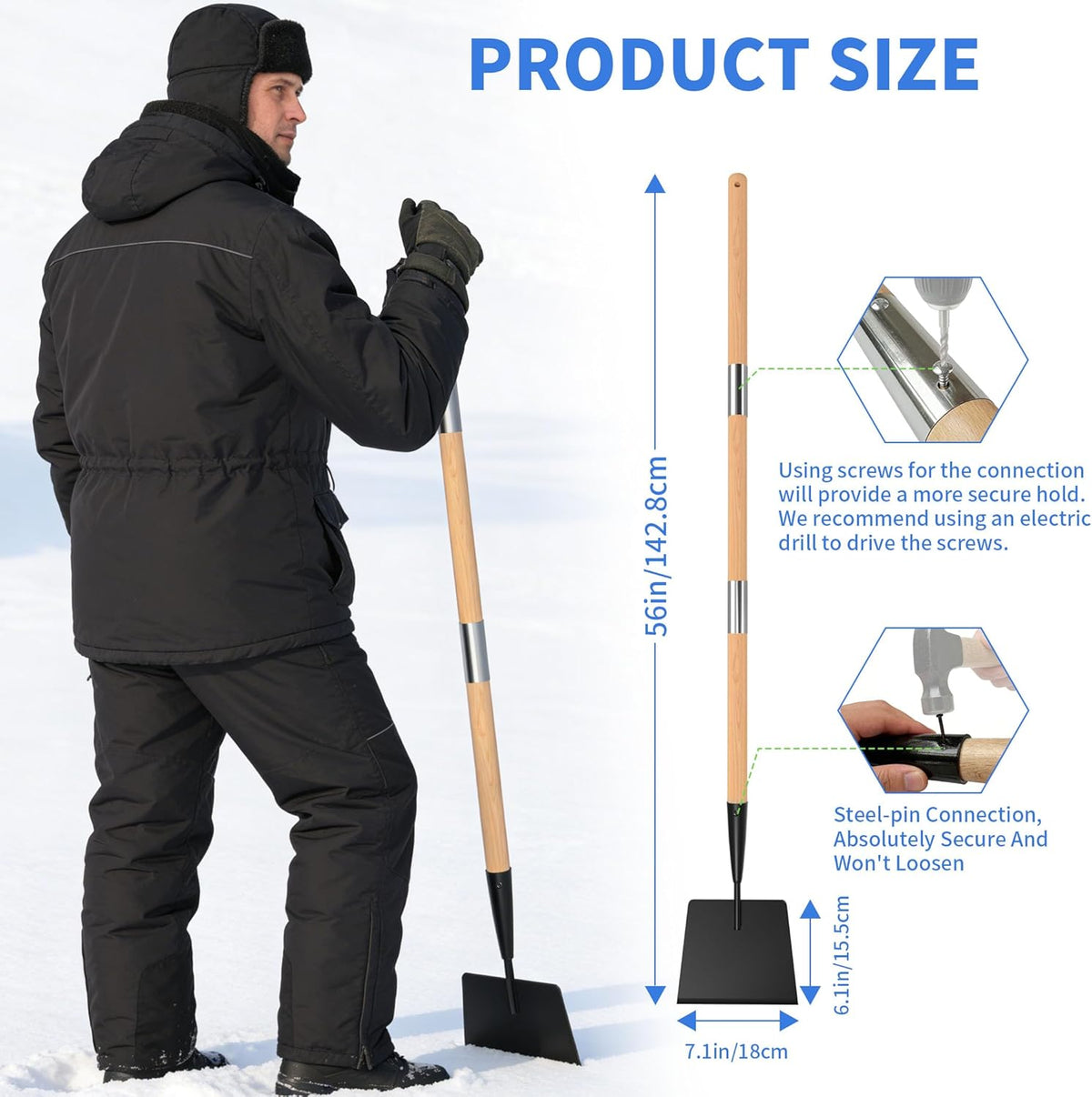 56" Wooden Handle Ice Scraper & Chopper – 7" Steel Blade for Driveways, Sidewalks & Steps