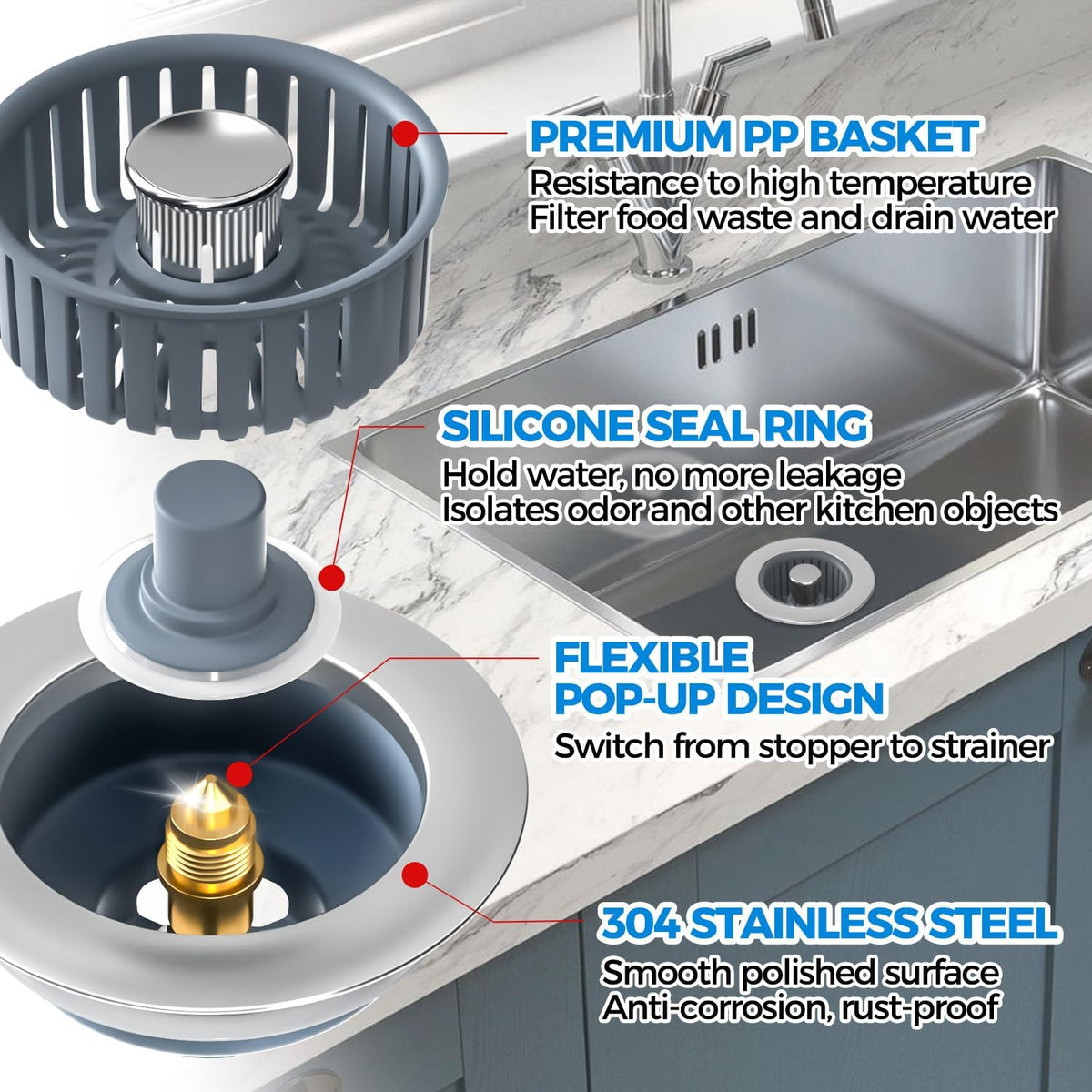 3-in-1 Kitchen Sink Drain Strainer & Stopper – Catches Food Scraps, Fits Standard Drains