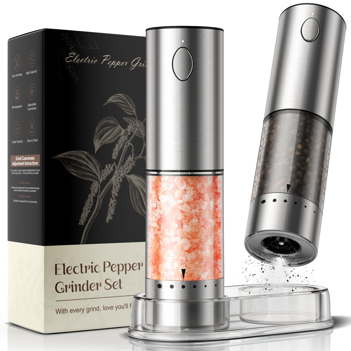 ioion Electric Salt & Pepper Grinder Set – 5 Grind Settings, LED Light, One-Hand Operation