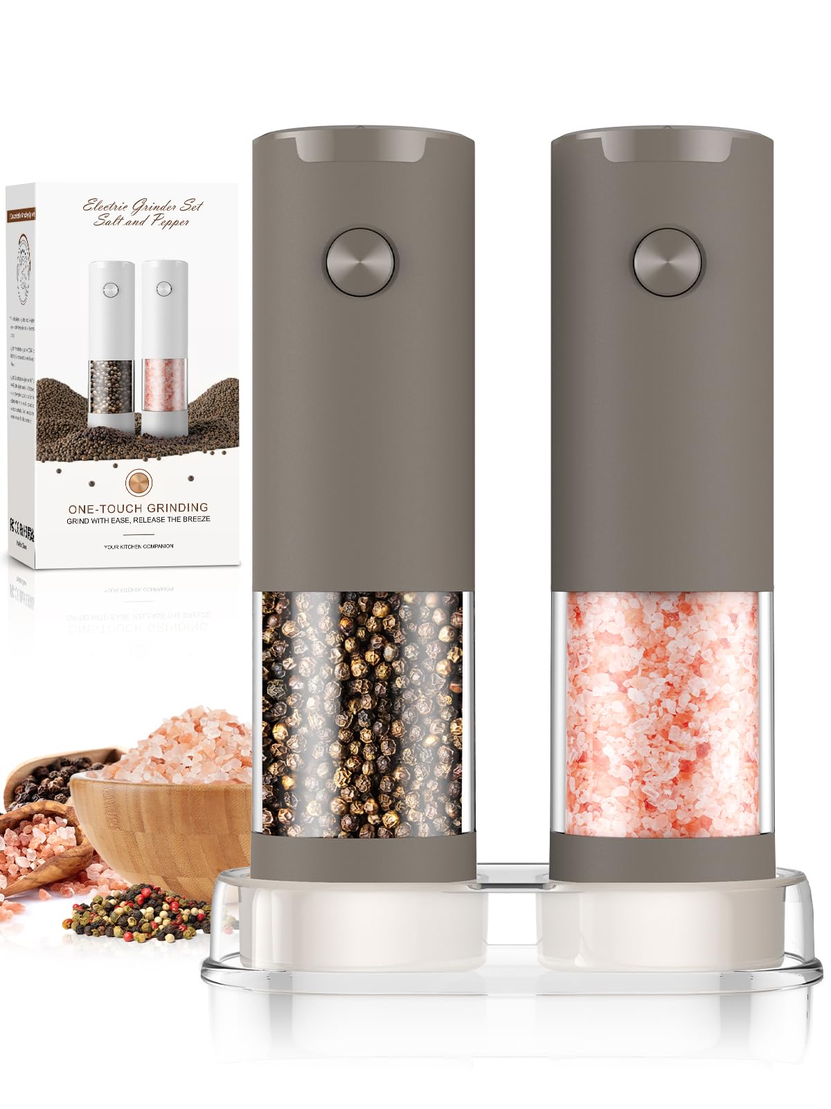 ioion Electric Salt & Pepper Grinder Set – 5 Grind Settings, LED Light, One-Hand Operation