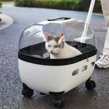 Transparent Capsule Pet Travel Carrier with Wheels – Portable Pet Trolley Bag for Cats & Small Dogs (Up to 10kg)