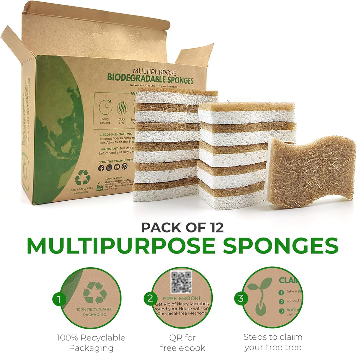 Biodegradable Natural Kitchen Sponge – Cellulose & Coconut Husk, Non-Scratch, Dishwasher Safe