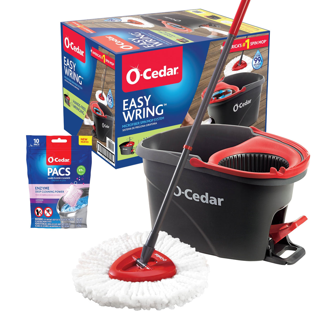 O-Cedar EasyWring Microfiber Spin Mop & Bucket System – Hands-Free Wringing, Machine-Washable Mop Head
