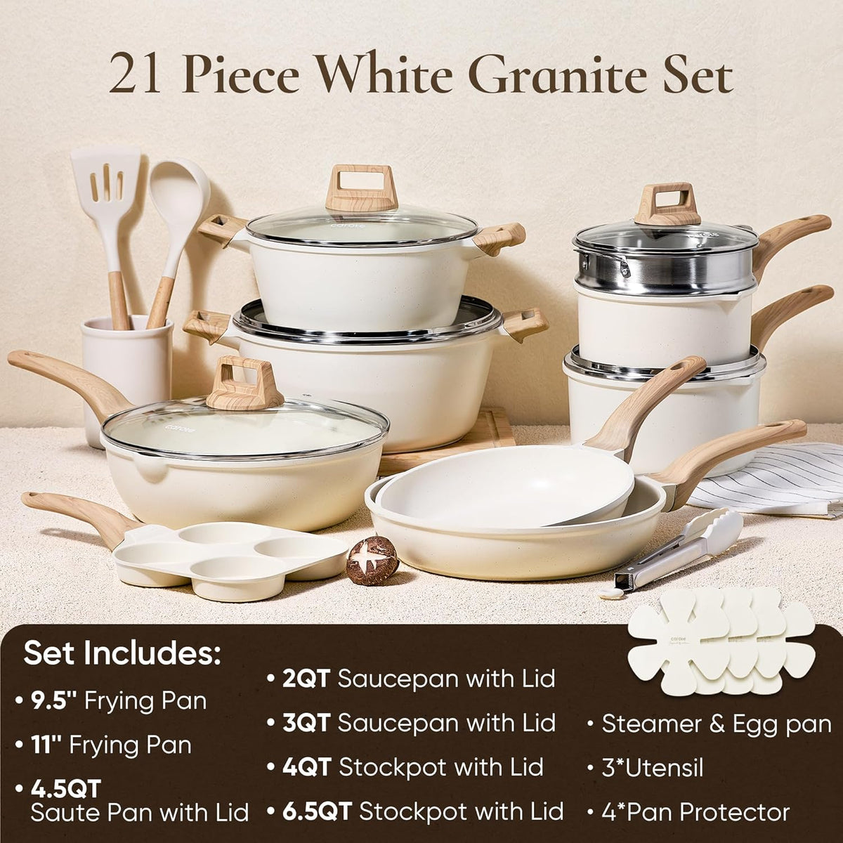 CAROTE 21-Piece Nonstick Cookware Set – Granite Coating, Induction Compatible, Pots & Pans with Lids