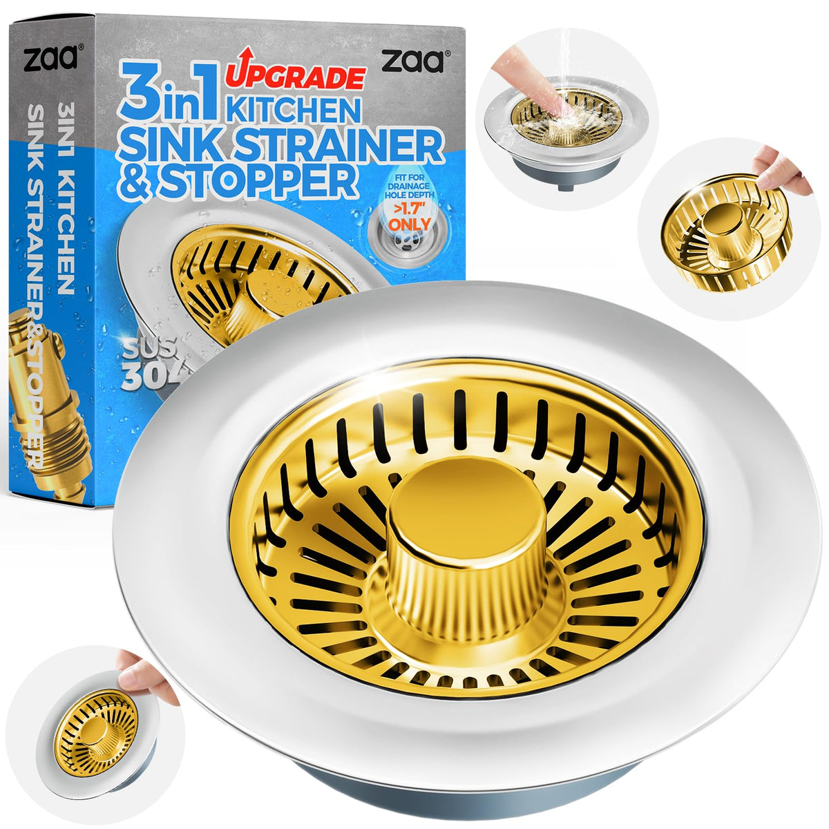 3-in-1 Kitchen Sink Drain Strainer & Stopper – Catches Food Scraps, Fits Standard Drains