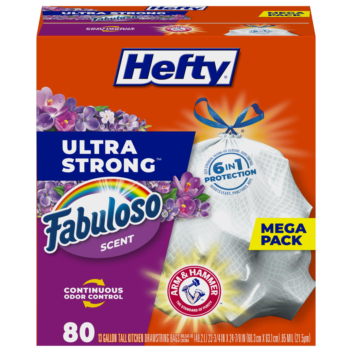 Hefty Ultra Strong Tall Kitchen Trash Bags – 80-Count, 13 Gallon, Arm & Hammer Odor Control, Drawstring