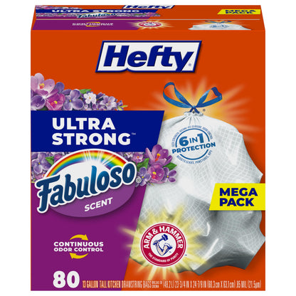 Hefty Ultra Strong Tall Kitchen Trash Bags – 80-Count, 13 Gallon, Arm & Hammer Odor Control, Drawstring