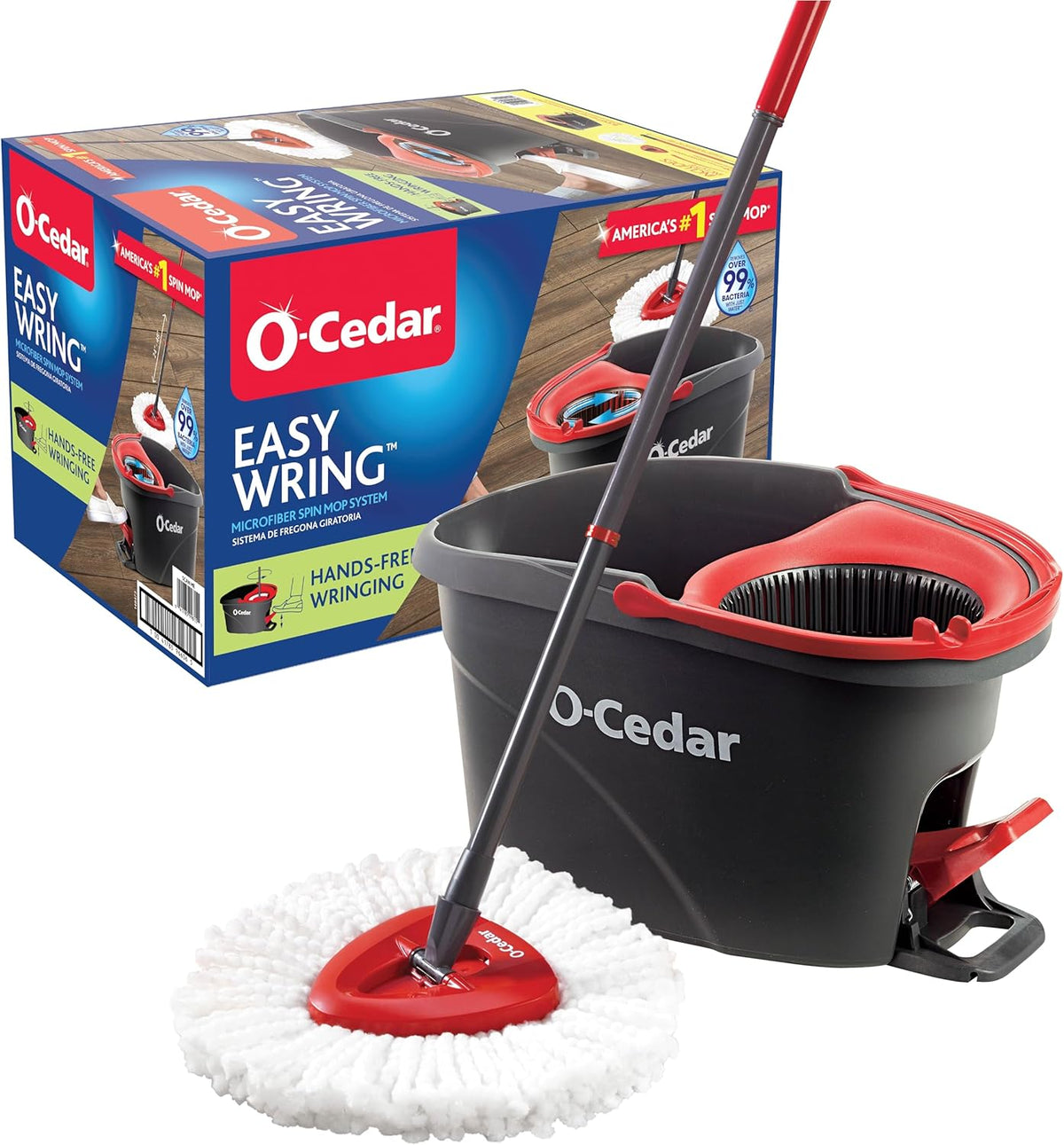 O-Cedar EasyWring Microfiber Spin Mop & Bucket System – Hands-Free Wringing, Machine-Washable Mop Head