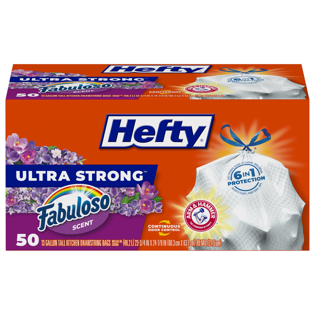 Hefty Ultra Strong Tall Kitchen Trash Bags – 80-Count, 13 Gallon, Arm & Hammer Odor Control, Drawstring