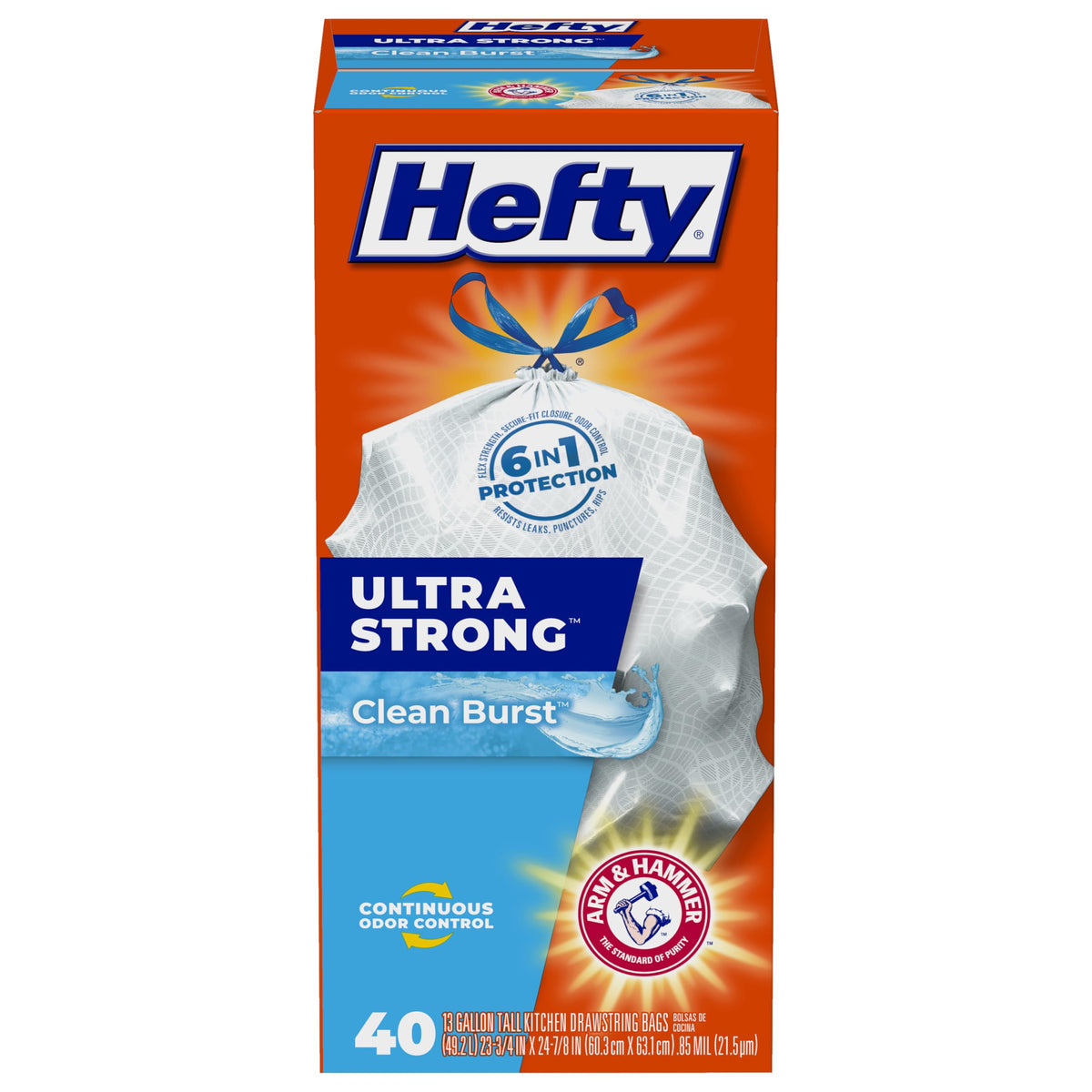 Hefty Ultra Strong Tall Kitchen Trash Bags – 80-Count, 13 Gallon, Arm & Hammer Odor Control, Drawstring