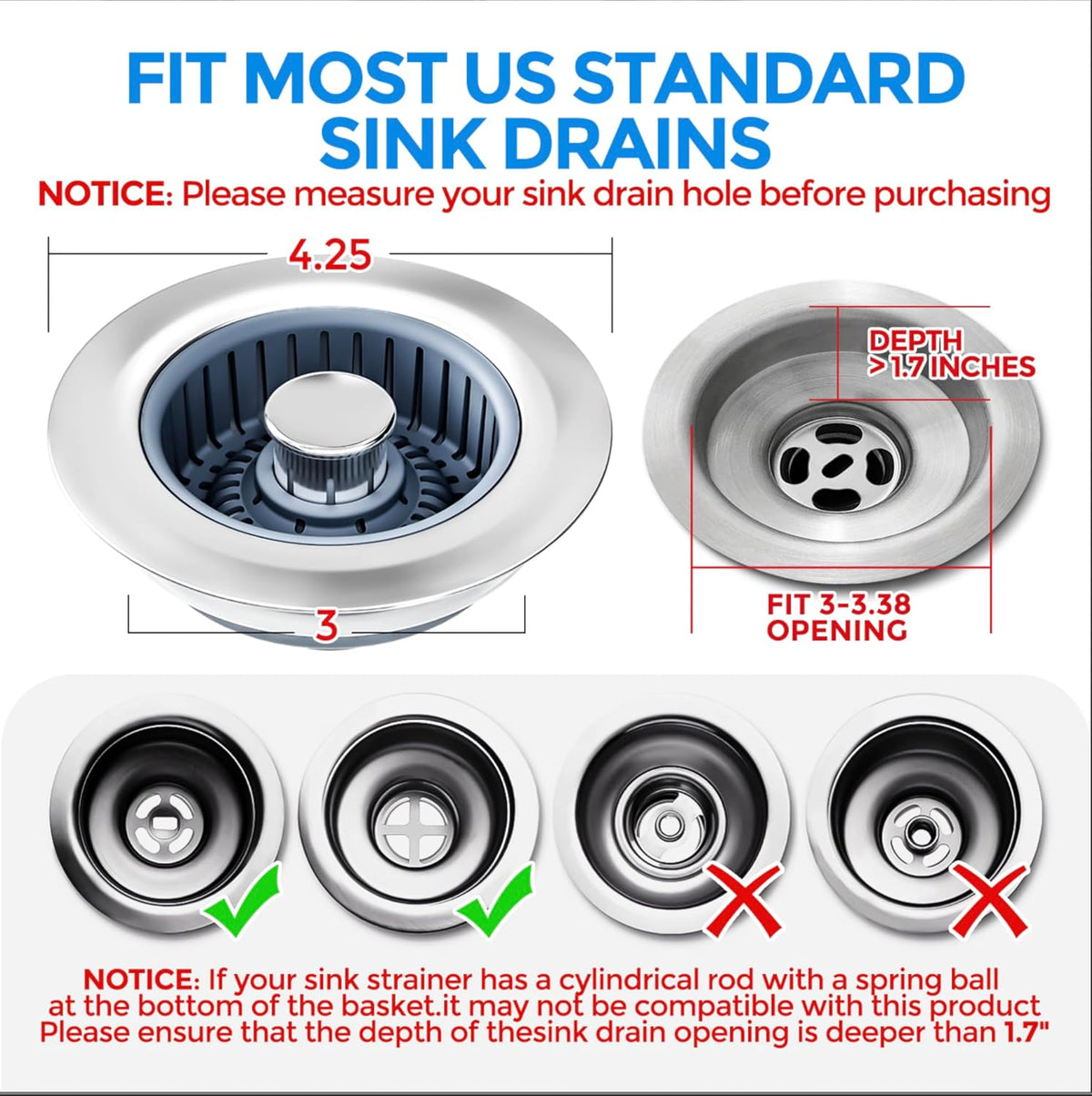 3-in-1 Kitchen Sink Drain Strainer & Stopper – Catches Food Scraps, Fits Standard Drains
