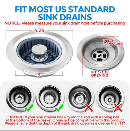 3-in-1 Kitchen Sink Drain Strainer & Stopper – Catches Food Scraps, Fits Standard Drains