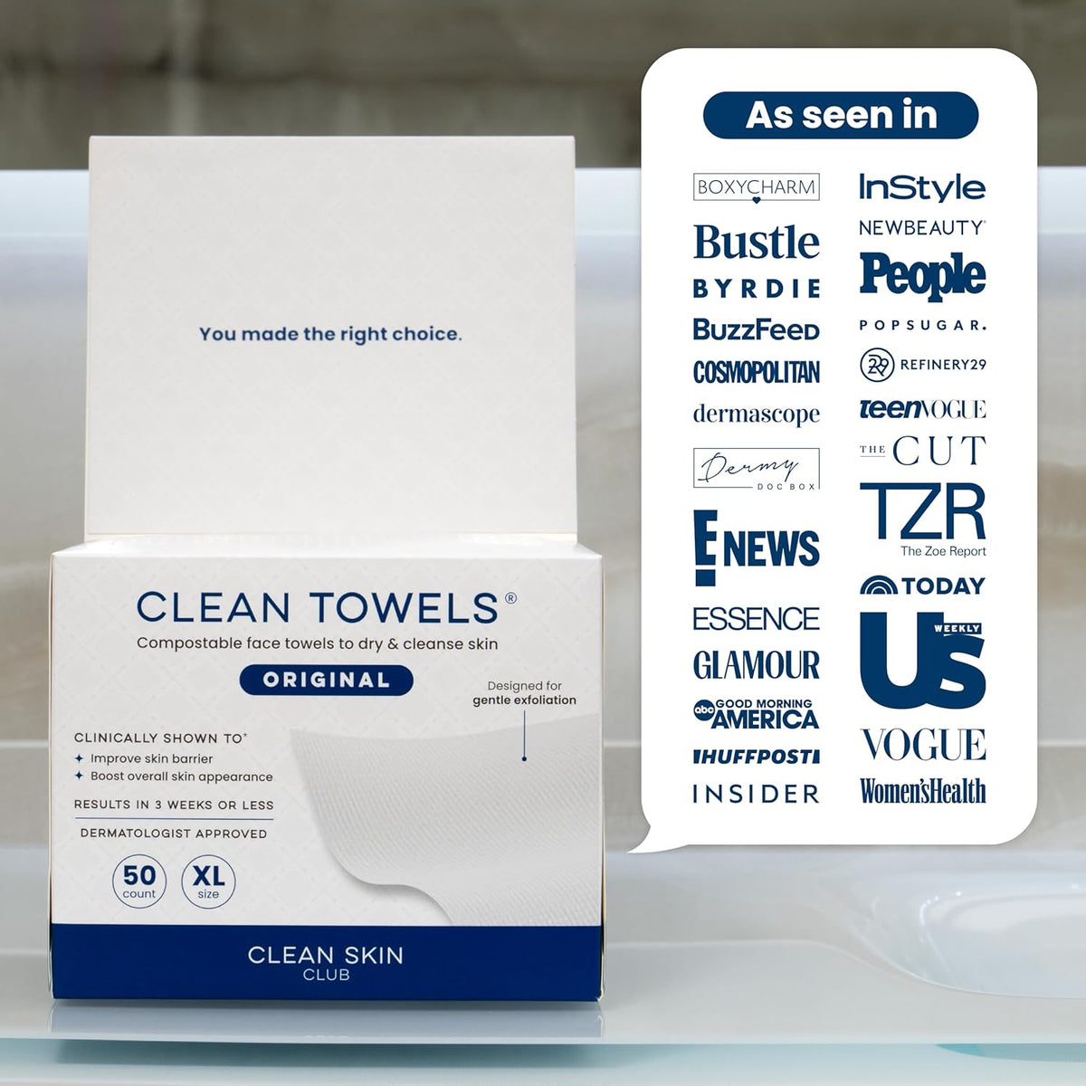 Clean Skin Club Clean Towels XL – 50 Single-Use Disposable Face Towels, Dermatologist Tested