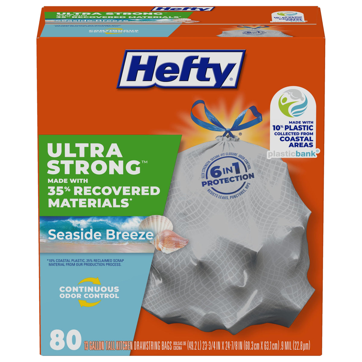 Hefty Ultra Strong Tall Kitchen Trash Bags – 80-Count, 13 Gallon, Arm & Hammer Odor Control, Drawstring